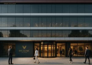 Modern ofis binası girişi, EFC Clinic cerrahi tıp merkezi logosu, yürüyen iş insanları.