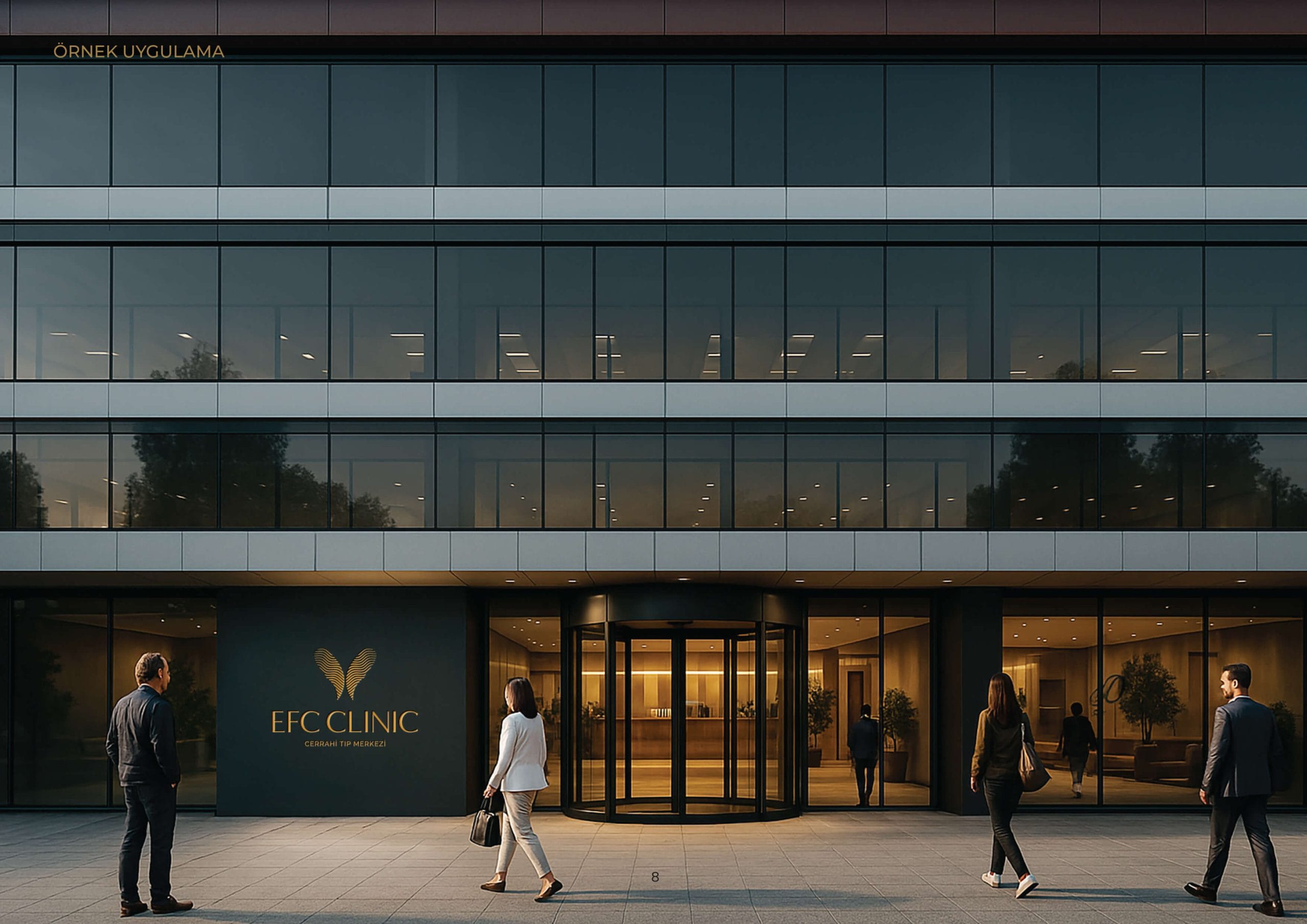 Modern ofis binası girişi, EFC Clinic cerrahi tıp merkezi logosu, yürüyen iş insanları.