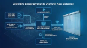 Akıllı bina entegrasyonu ve otomatik kapılar, mobil uygulamalar ve güvenlik sistemlerini gösteren şema.