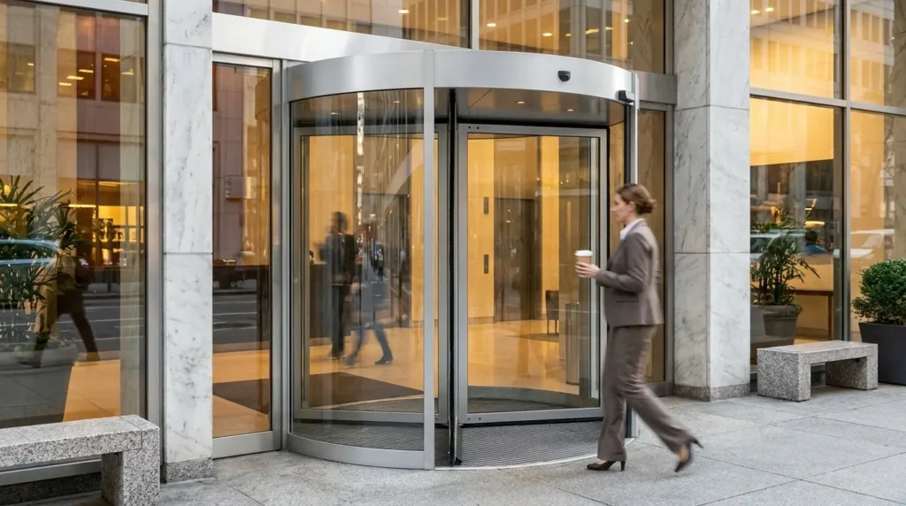 Businesswoman in a suit entering a revolving glass door of a modern office building, holding a coffee cup.