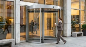 Businesswoman in a suit entering a revolving glass door of a modern office building, holding a coffee cup.