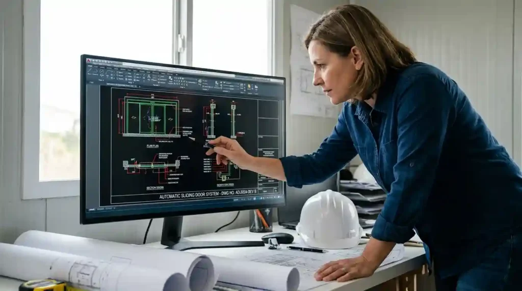 Female engineer reviews CAD drawings on a monitor, pointing at details with a pen, with rolled blueprints and a white hard hat on the desk nearby.