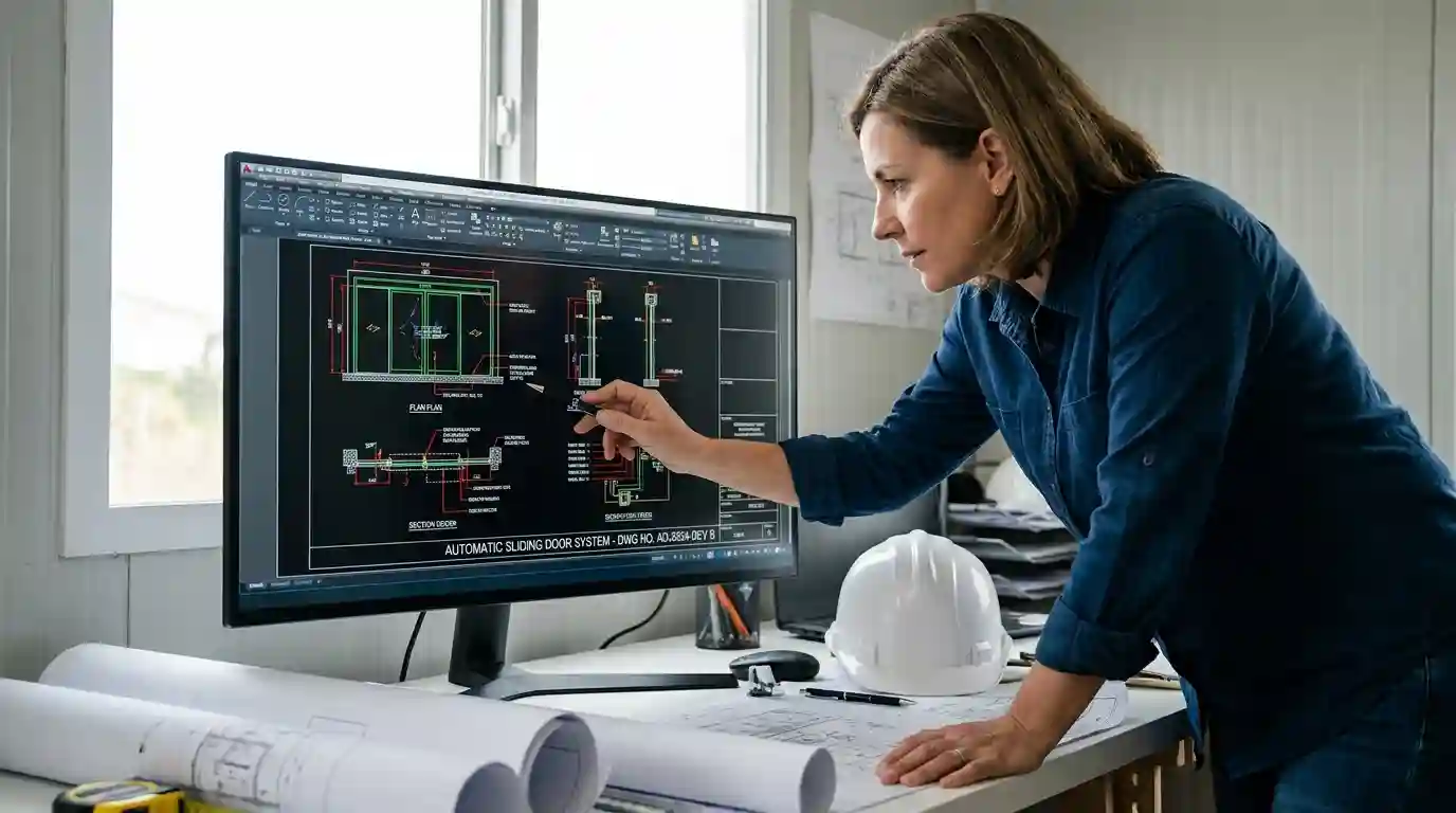 Female engineer reviews CAD drawings on a monitor, pointing at details with a pen, with rolled blueprints and a white hard hat on the desk nearby.