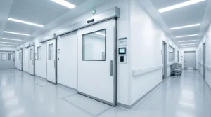 Sterile hospital corridor with large sliding doors and a medical cart along the wall.