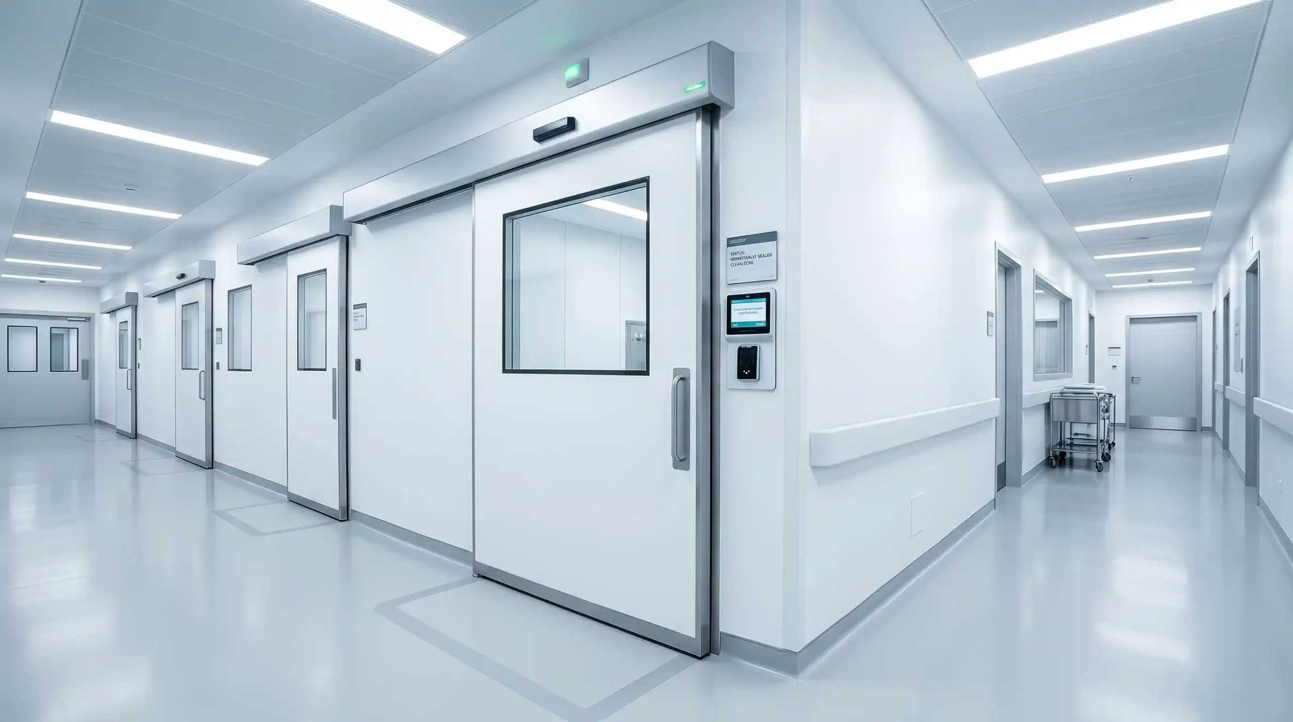 Sterile hospital corridor with large sliding doors and a medical cart along the wall.